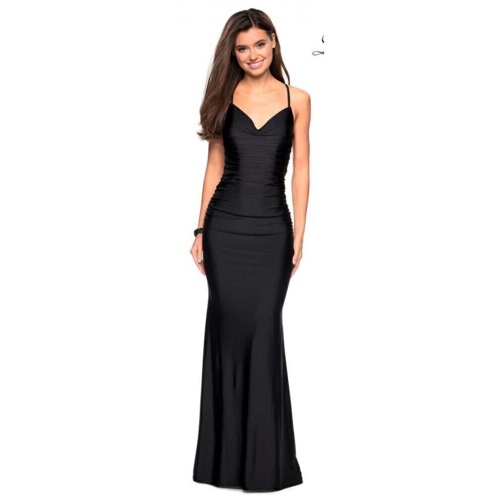 La Femme 27501 Form Fitting Long Jersey Dress in Black NWT Size 2
